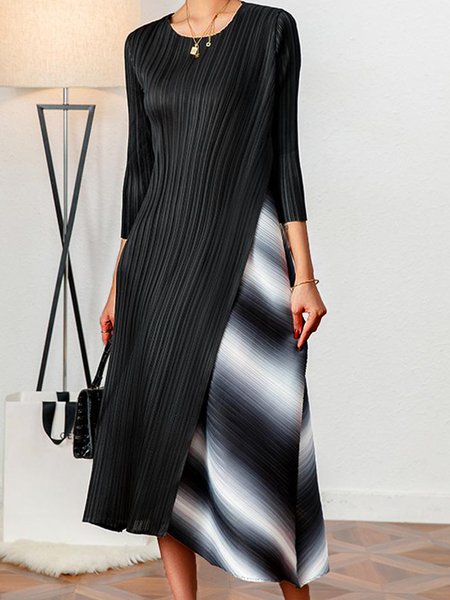

Loosen Crew Neck Long Sleeve Woven Midi Dress, Black, Midi Dresses
