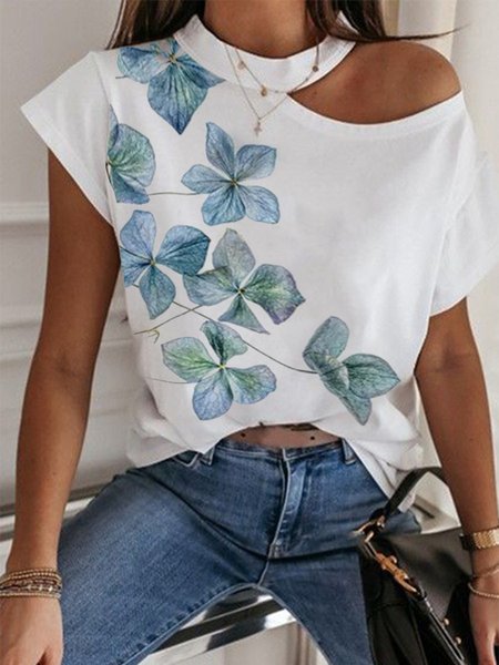 

Floral Short Sleeves Off Shoulder Plus Size Casual Tops, White, T-Shirts