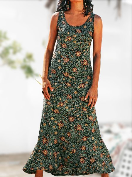 

Casual Crew Neck Floral Short Sleeve Woven Dress, Green, Maxi Dresses