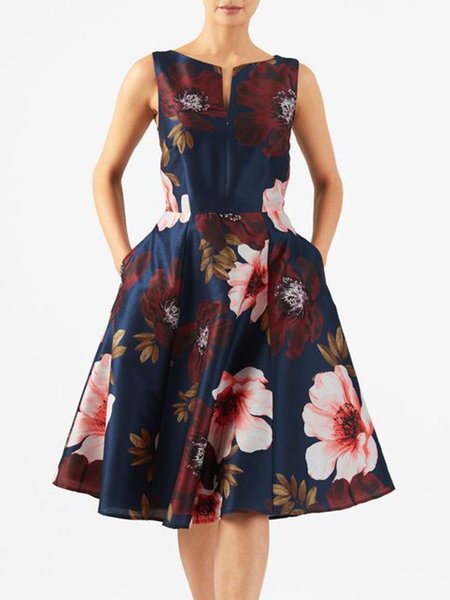 

Elegant V Neck Floral Sleeveless Woven Dress, Purplish blue, Midi Dresses