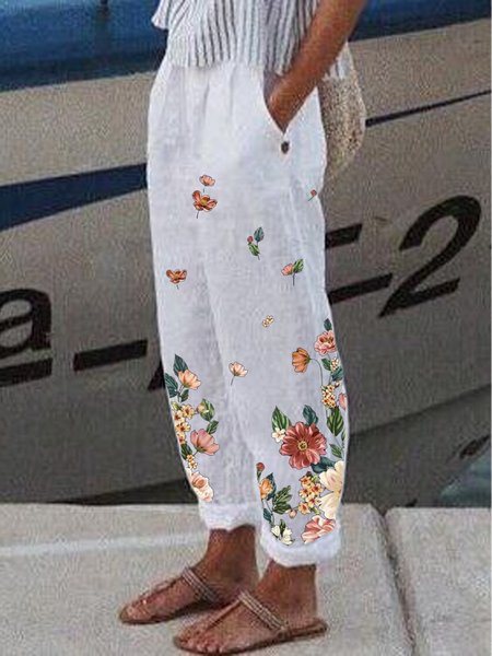 Casual Floral Ombre Loose Pants, White, Pants