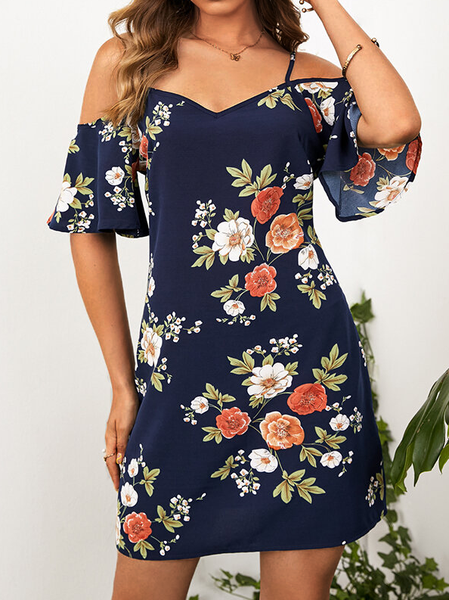 

Casual Floral Off The Shoulder Short Sleeve Woven Dress, Navyblue, Mini Dresses