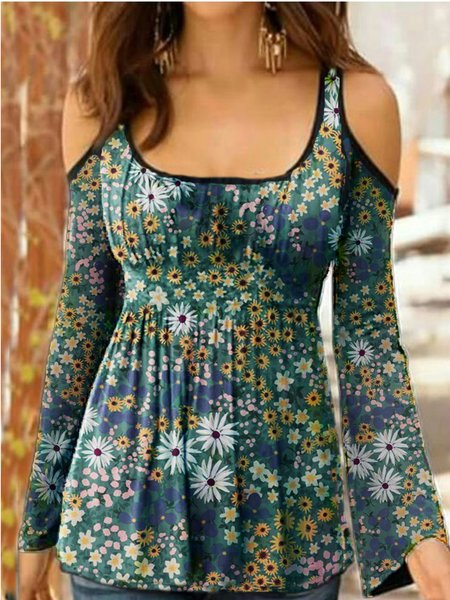 

Cotton Blends Casual Regular Fit Long Sleeve Tops, Flower, Tops