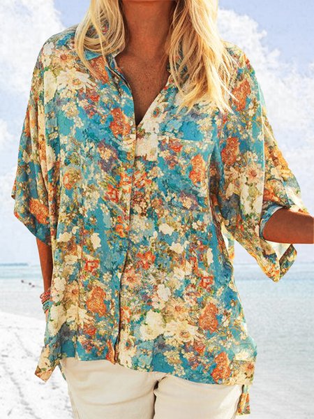 

Casual Floral Shirt Collar Mid Sleeve Blouse, Blue, Blouses & Shirts