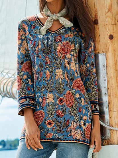 

Landscape Print Crew Neck Loosen Long Sleeve Tops, Multicolor, Long sleeve tops