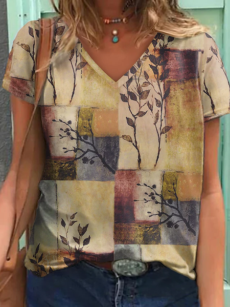 

Floral Geometric Regular Fit Short Sleeve Casual T-Shirt, Khaki, T-Shirts