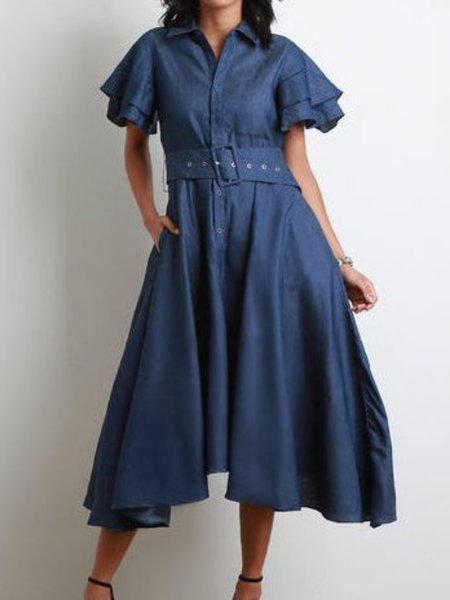 

Summer Plain Regular Fit Shirt Collar Short Sleeve Woven Dress, Denim blue, Midi Dresses