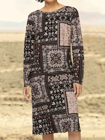 

Paisley Loosen Boho Long Sleeve Woven Dress, Black, Midi Dresses