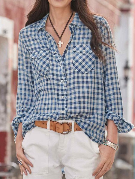 

Grid Cotton Blends Shirt Collar Long Sleeve Blouse, Blue, Blouses & Shirts