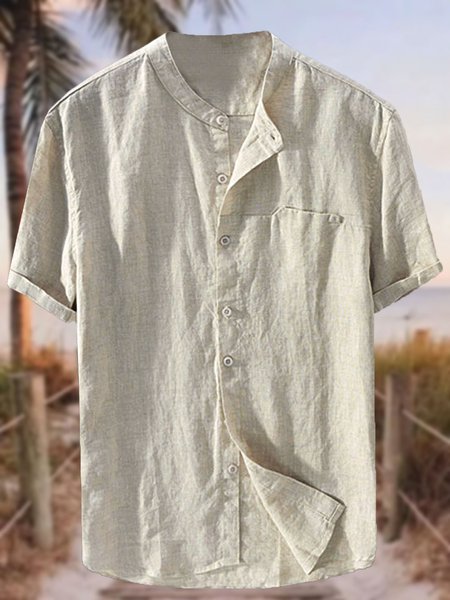 

Cotton Linen Casual Short Sleeve Shirt Men, Apricot, Shirt