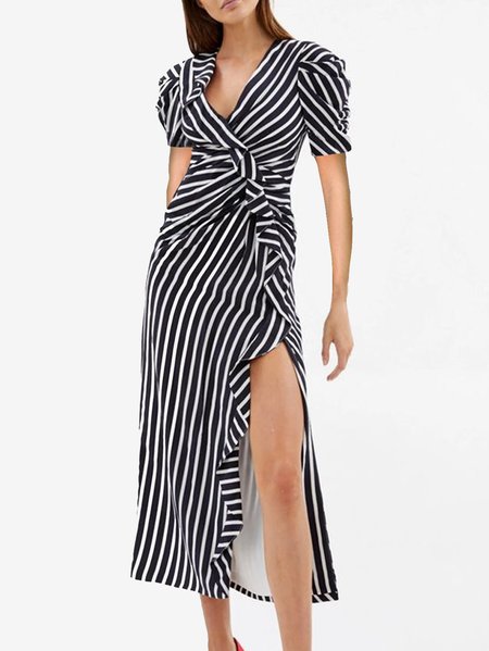 

V Neck Casual Ruffle Sleeve Short Sleeve Woven Dress, Black-white, Maxi Dresses
