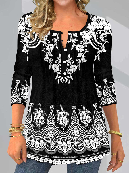 

Regular Fit Casual Floral Long Sleeve Tops, Black, Long sleeve tops