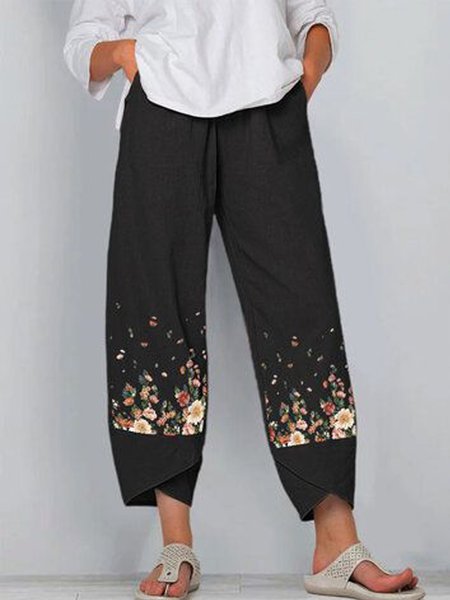 

Casual Loosen Floral Pockets Cotton Pants, Black, Pants