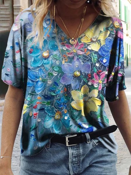 

Floral Casual V Neck Short Sleeve T-Shirt, Multicolor, T-Shirts