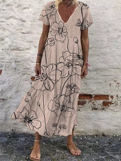 

V Neck Vacation Floral Short Sleeve Woven Dress, Pink, Dresses
