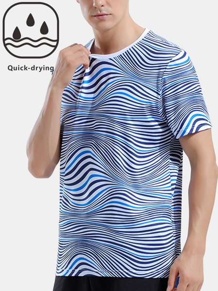Men's Quick Dry Breathable Striped Printed Round Neck Short Sleeve Tee, Blue, T-shirt