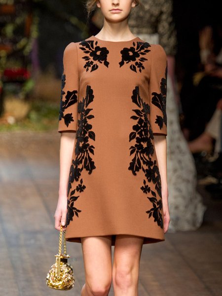 

Vacation Regular Fit Crew Neck Floral Mini Dress, Brown, Mini Dresses