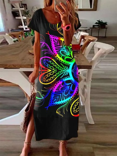 

Black Casual Round Neck Tribal Printing Short Sleeve Midi Dresses, Dresses
