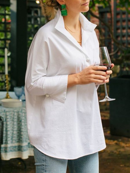 

Shirt Collar Plain Simple Long Sleeve Work Top, White, Tops