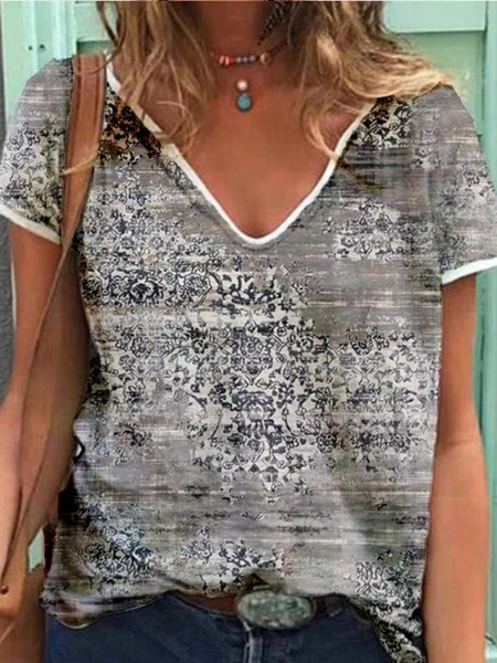 

Cotton Blends Regular Fit V Neck Short Sleeve Tops, Gray, T-Shirts