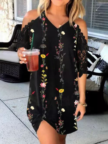 

Vacation Floral Short Sleeve Knit Dress, Black, Dresses