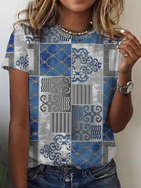

Crew Neck Grid Casual Short Sleeve T-Shirt Plus Size, Blue, T-Shirts