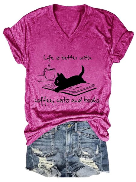 

Life Is Better With Coffee, Cats and Books Shirts&Tops, Rose red, T-shirts