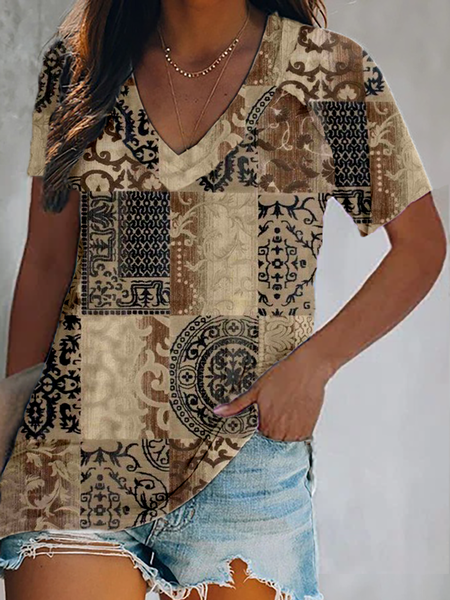 Plus size V Neck Printed Short Sleeve T-Shirt, As picture, T-Shirts