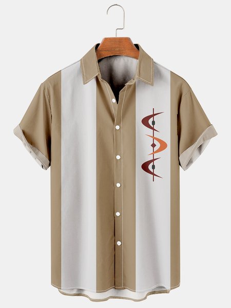 

Casual Art Collection Geometric Stripe Pattern Lapel Short Sleeve Print Shirt Top, Khaki, Men's Floral shirt