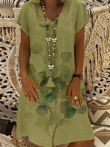 

Casual V Neck Short Sleeve Woven Dress, Green, Dresses