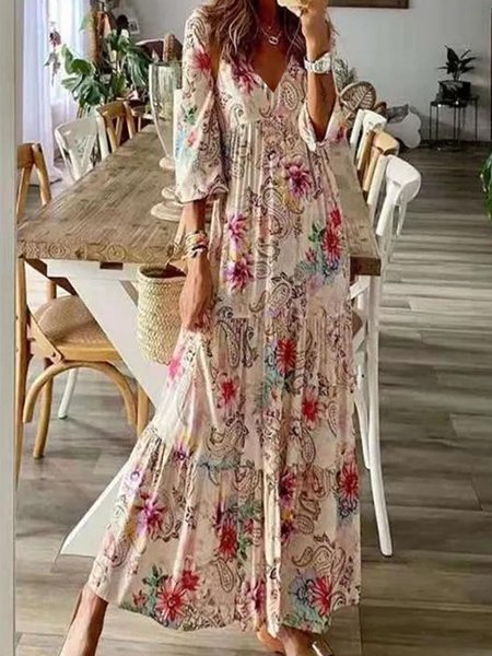 

Floral Vacation Loosen V Neck Short Sleeve Maxi Woven Dress, Flower, Maxi Dresses