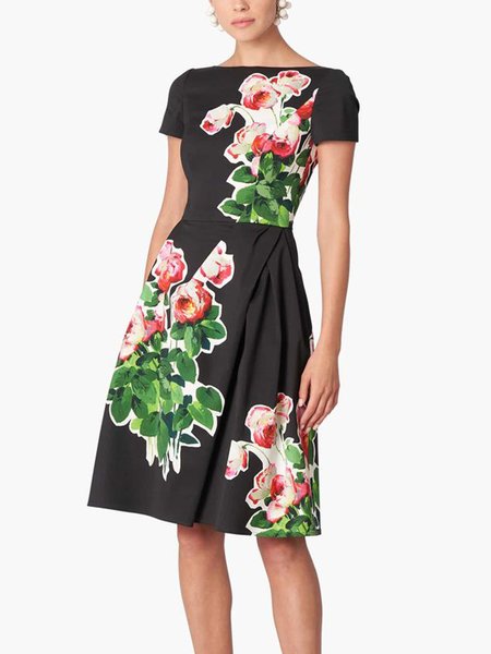 

Lady Floral Regular Fit Short Sleeve Knit Dress, Multicolor, Midi Dresses