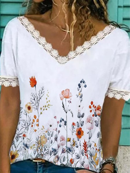 

Floral Lace Short Sleeves V Neck Plus Size Casual Tops, White, T-Shirts