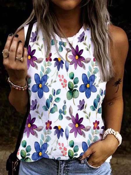 

Floral Casual Round Neck Loosen Sleeveless Tank, White, Tank Top