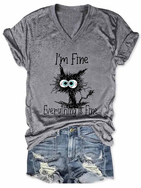 

I Am Fine Everything Is Fine Slogan Tshirt Print Tee Casual T-shirt, Gray, T-shirts