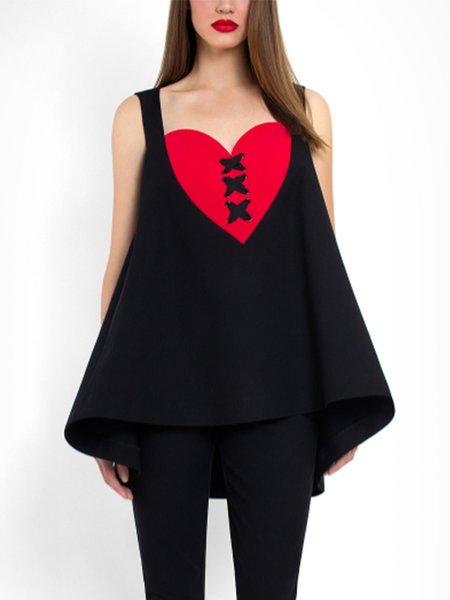 

Lady Heart-Shaped Collar Loosen Sleeveless Top, Black, Tops
