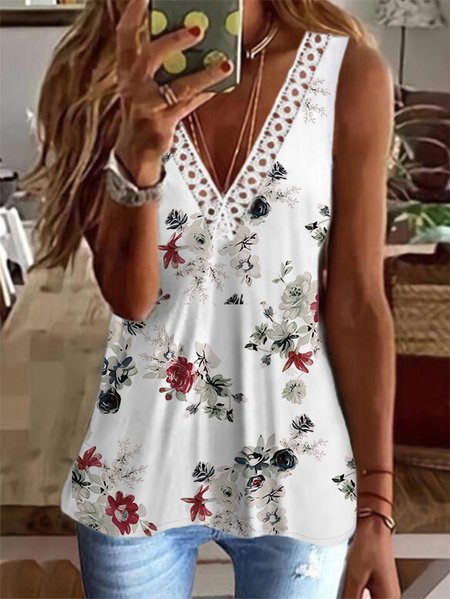 

Floral Sleeveless V neck Casual Knit Tank, White, Tank Top