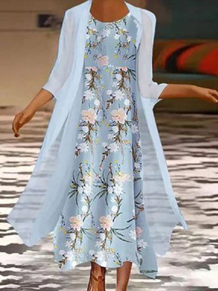 

Casual Crew Neck Floral Sleeveless Loosen Two Piece Sets, Blue, Midi Dresses