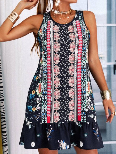 

Regular Fit Round Neck Floral Short Sleeve Dress, Black, Mini Dresses