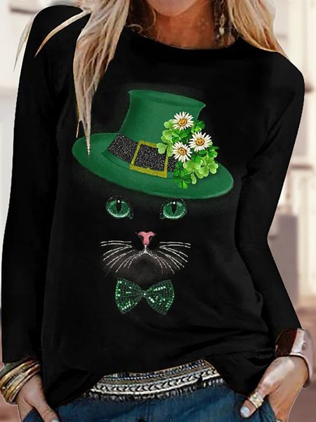 

St. Patrick's Day Clover Cat Printed Casual Round Neck Long Sleeve T-Shirt, Black, T-Shirts