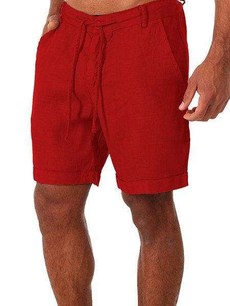 

Men's Casual Solid Color Cotton Linen Shorts, Wine red, Shorts