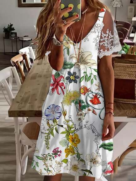 

Lace Loosen Floral V Neck Dresses, Multicolor, Floral Dresses