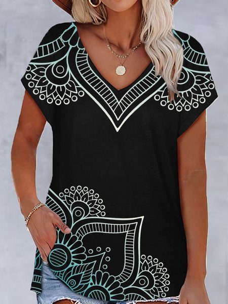 

Tribal Print Raglan Sleeve V Neck Short Sleeve T-Shirts, Black, T-Shirts