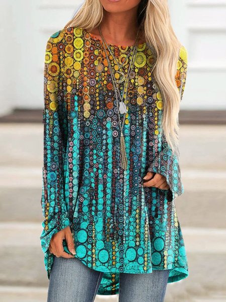 

Casual Crew Neck Ombre Cotton Blends Long Sleeve Tops, Multicolor, Long sleeve tops