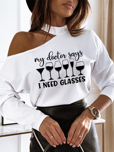 

Casual Long Sleeve Round Neck Plus Size Printed Tops T-shirts, White, T-Shirts