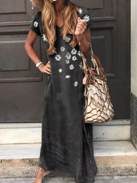 

Casual Short Sleeve Knit Dress, Black-grey, Maxi Dresses