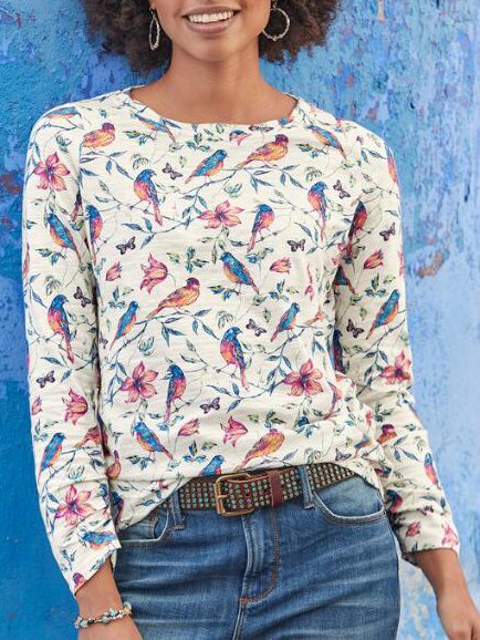 

Regular Fit Bird Casual Long Sleeve Tops, Multicolor, Tops