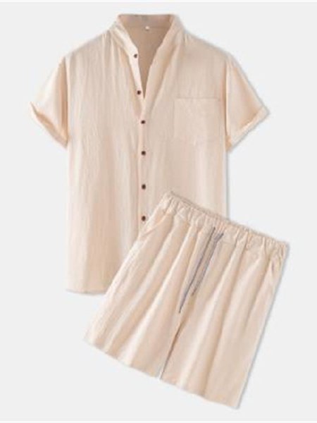 

2Paxk Hawaiian Cotton Linen Shirt Shorts Men, Khaki, Two-pieces