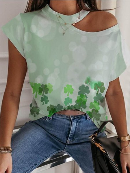 

Cotton Blends Halter Short Sleeve Tops, Green, T-Shirts