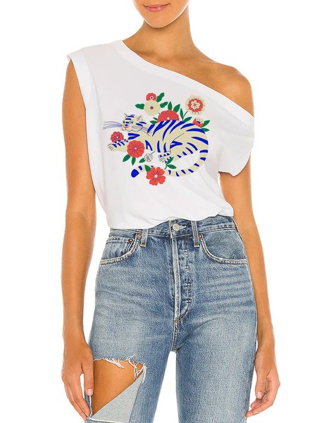 

Casual Short Sleeve Printed Cat Top, White, Tunics